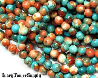 1 Strand 6mm Fossil Stone Beads Orange Multi Color Beads Natural Semi Precious Gemstone Beads