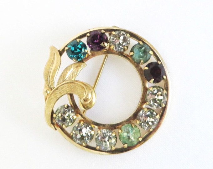 Van Dell Rhinestone Circle Brooch | Vintage 12K Gold Filled Pin