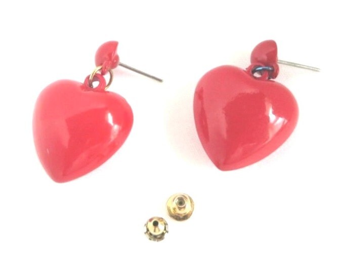 Vintage Heart Earrings - Dangling Red Heart Pierced Earrings, Lucite Studs, Perfect Gift, Gift Box