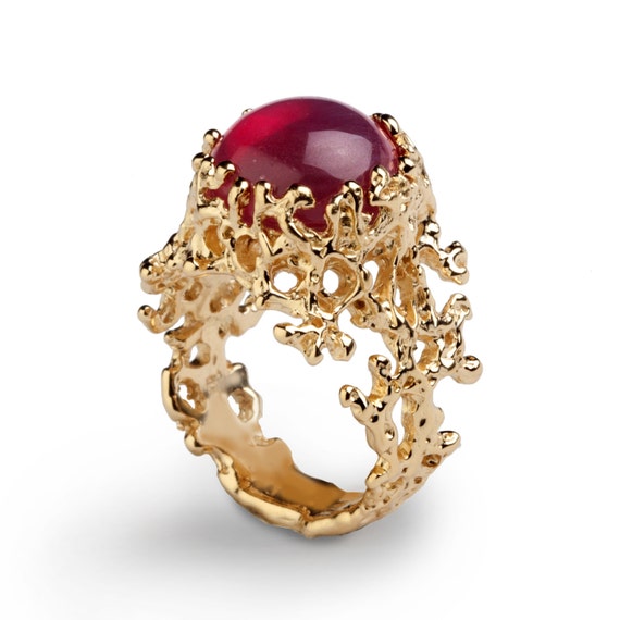 CORAL Yellow Gold Ruby Ring Red Ruby Ring Gold by AroshaTaglia
