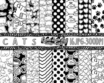 Cat Digital Paper, Black and White, Seamless Patterns- 16pcs 300dpi, (paper crafts, card making, scrapbooking) Commercial use