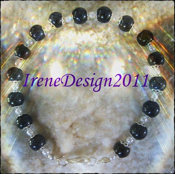 Beautiful Handmade Silver Bracelet with Blue Goldstone & White Pearl by IreneDesign2011