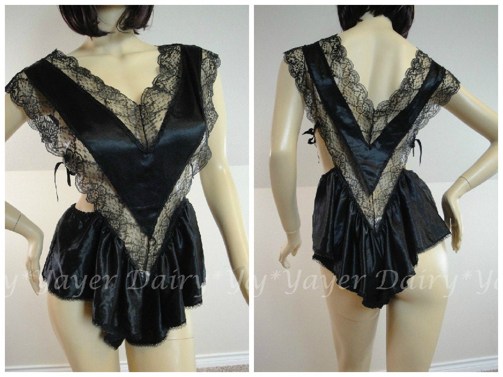 MEDIUM vintage TEDDY romper NICOLE shiny satin black lace