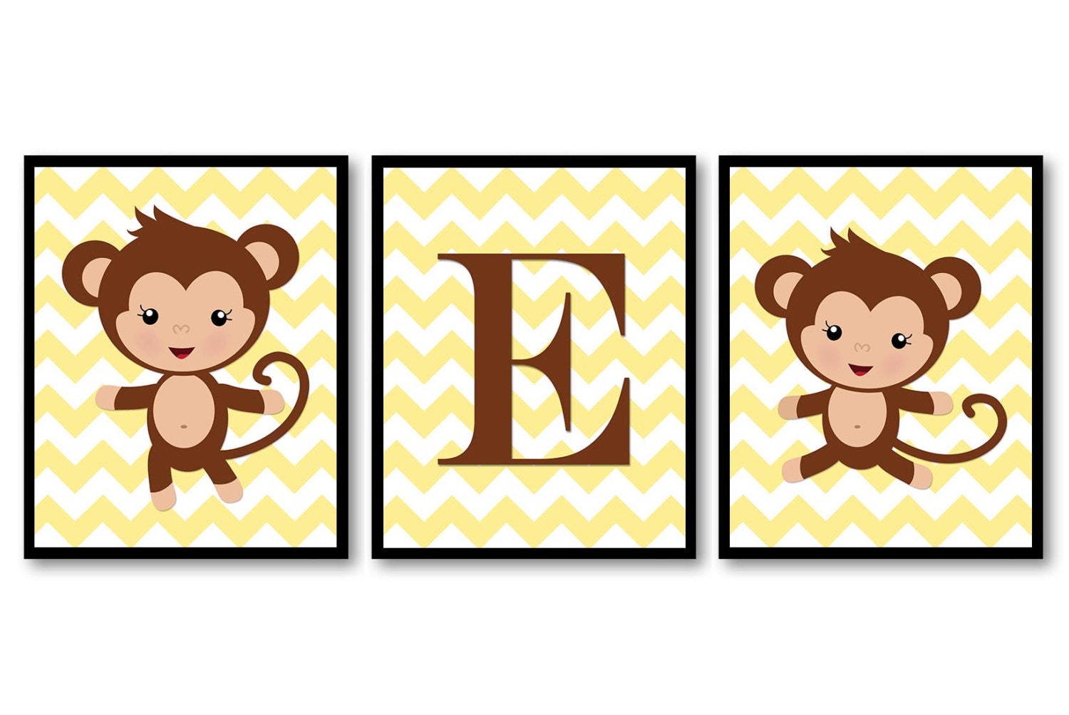 Yellow Monkey Nursery Art Nursery Print Brown Letter Personalized Set of 3 Monkeys Monogram Child Ki