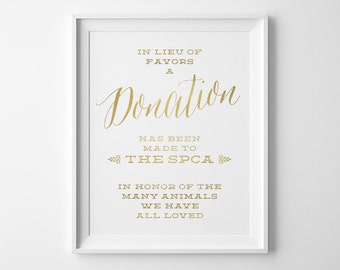 Wedding Signs Gold, Charity Donation Wedding Sign, In Lieu of Favors Donation Sign, Faux Gold Wedding Reception Sign, Donation Print WS1G