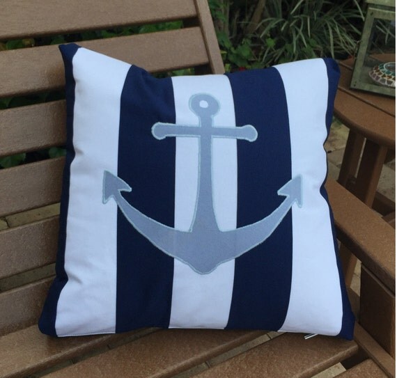 Nautical Light Blue Anchor/Navy Blue and White Pillow