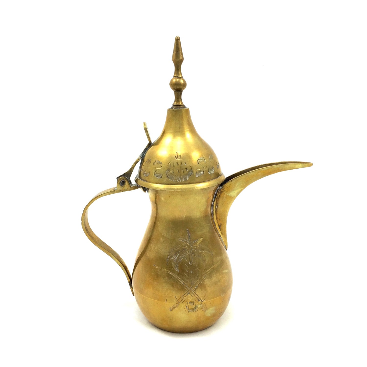 Vintage Brass Dallah Coffee Pot with Etched Design 9