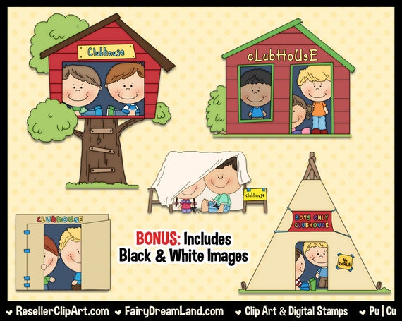Kids Club House Clip Art & Black and White Image Set