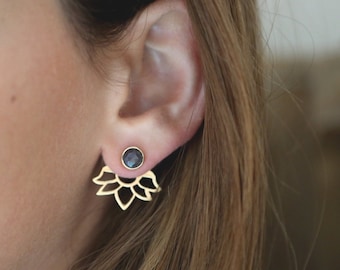 Ear Jackets Blue Sapphire, Sapphire Earrings, Ear Cuff , Stud Earrings, Fan Earrings, Flower Ear Jackets