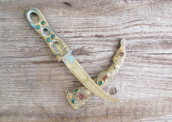 Ottoman sheath and knife,Sword letter opener, vintage brass ornate