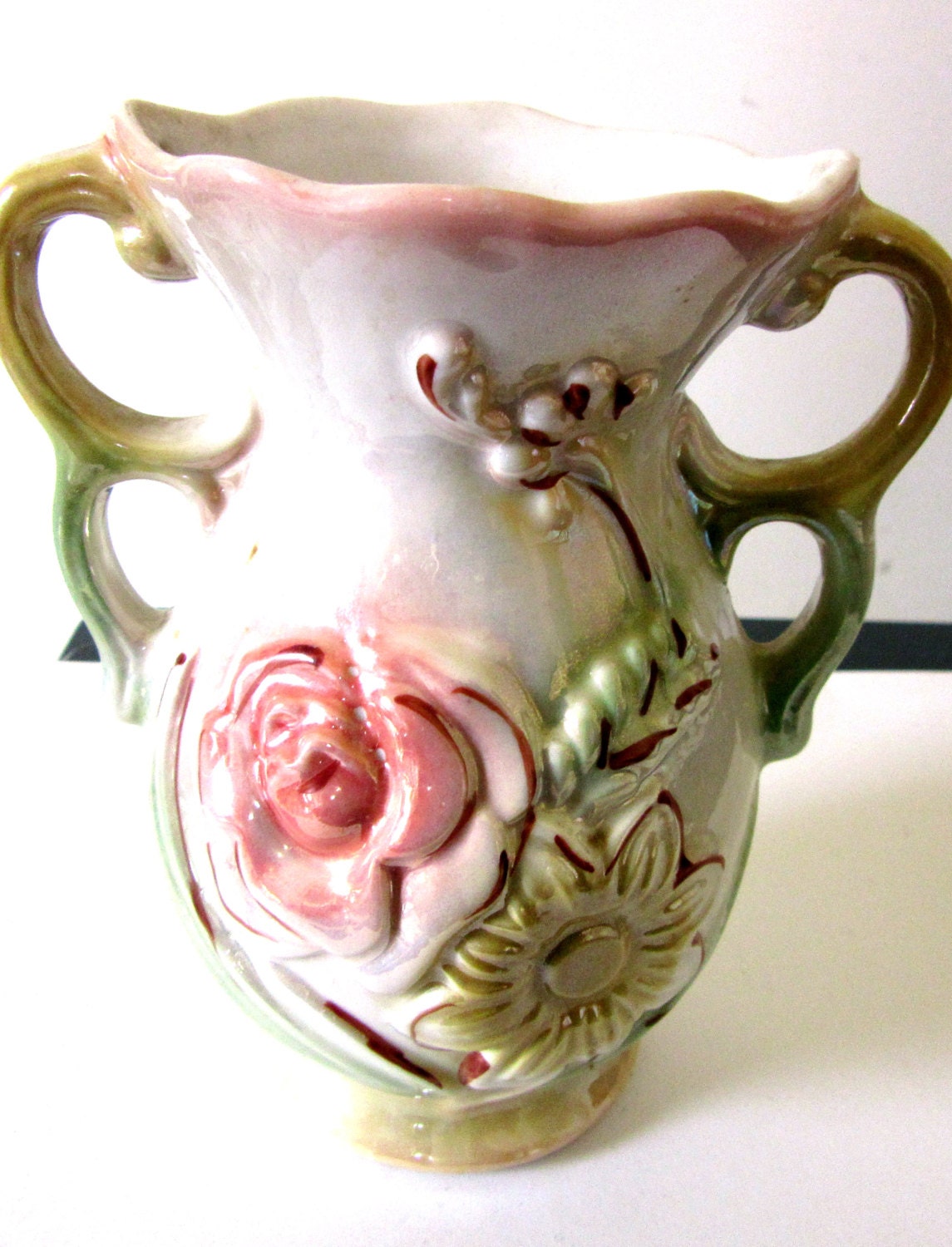 Antique Made In Brazil Ceramic Vase Pink Flower Yellow Flower