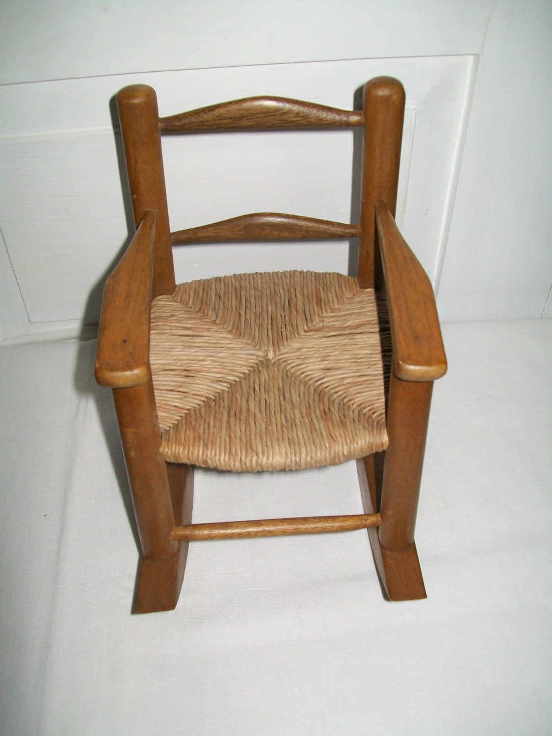 Vintage Miniature Wooden Doll Rocking Chair with Woven Seat