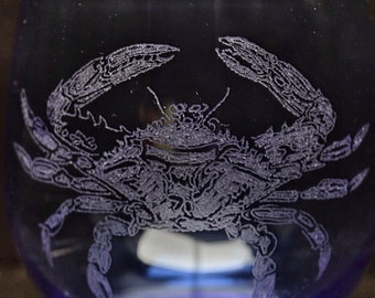 Maryland Blue Crab - stemless wine glass, MD blue crab, blue crab, crab, sea creatures, sealife, stemless wine glass, wine glass, holidays