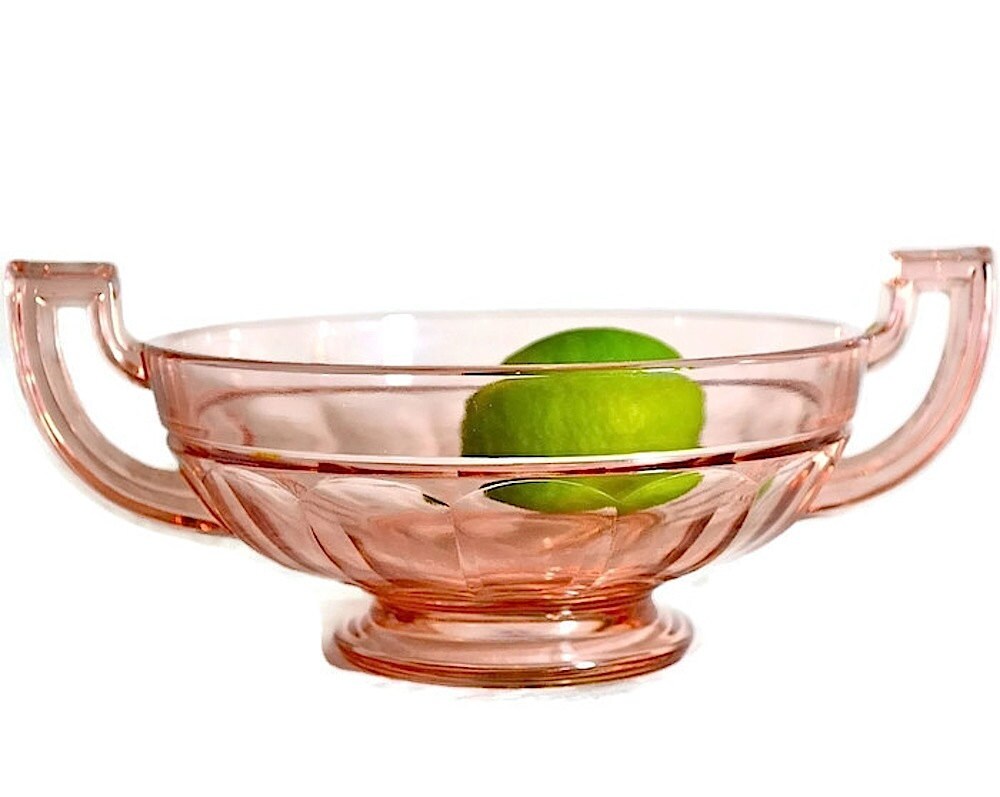 Pink Glass Bowl Trifle Serving Dish of Thick Pressed Glass with Art