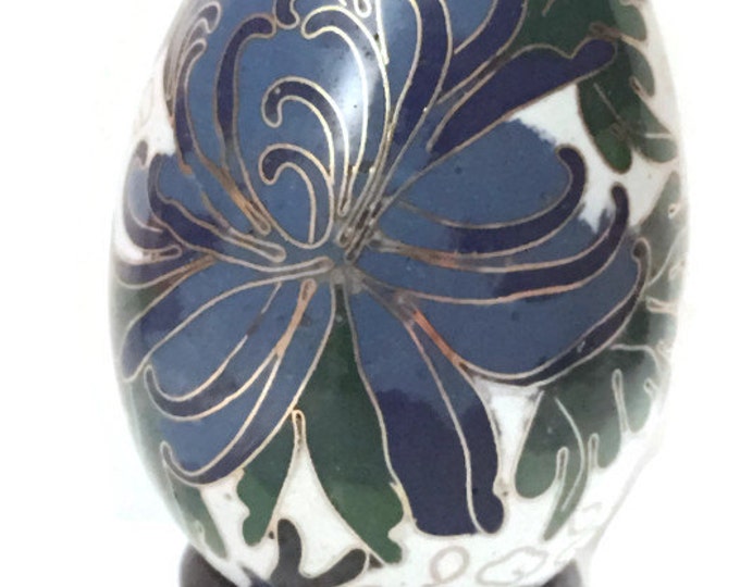 Vintage Cloisonne Egg - Blue Blossom - Peony - 1970's - Cobalt Blue - White - Fower - Floral - Enamel Egg - Brass