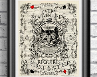 Chesire Cat Print, Alice in Wonderland Print, Vintage book page art, Alice poster art, Mixed-media print, Wedding print, Home decor