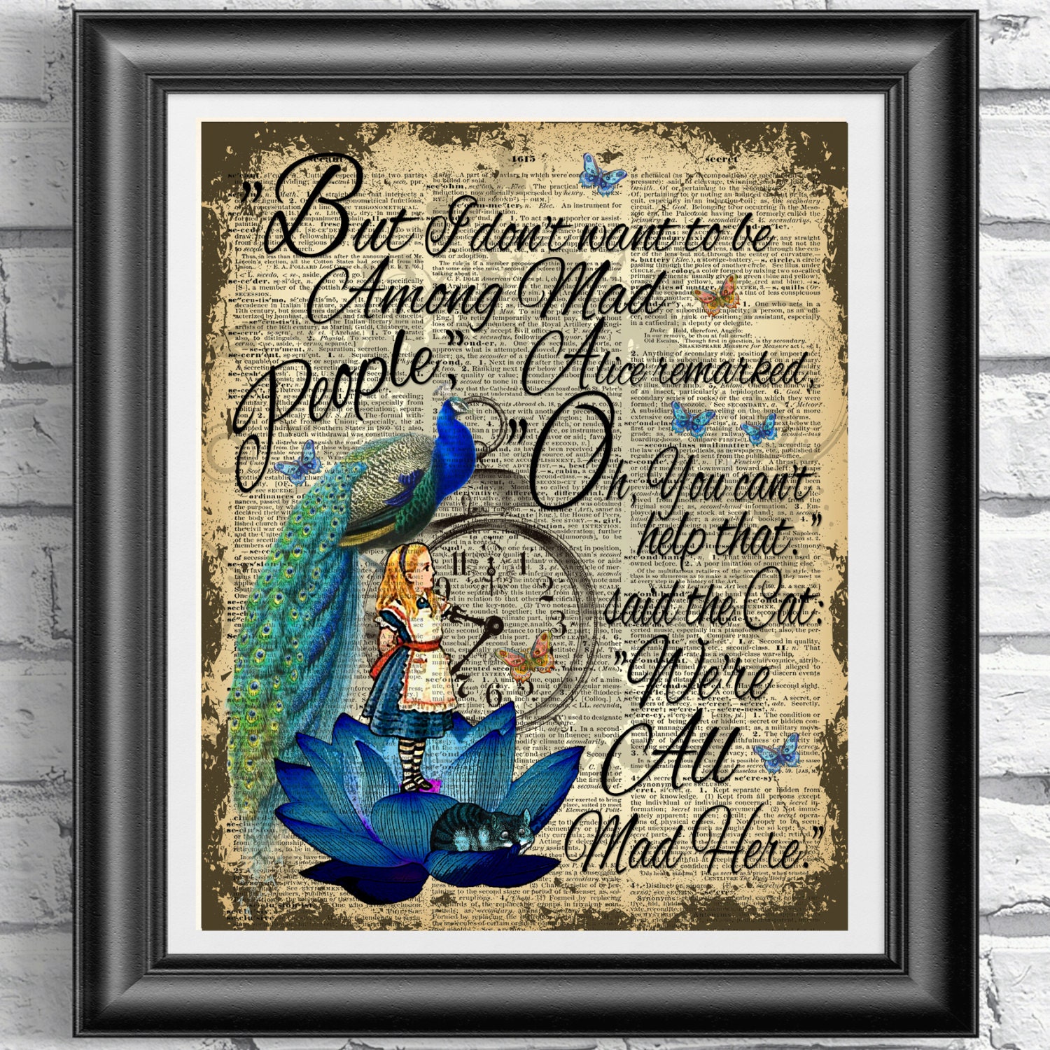 Alice in wonderland book page print Blue lotus Print Peacock