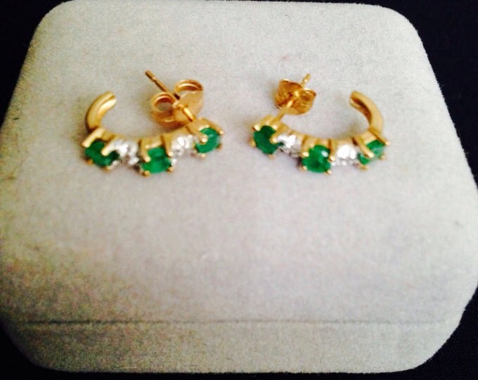 Storewide 25% Off SALE Vintage 10k Gold Crescent Moon Shaped Emerald & Diamond Designer Earrings Featuring Beautiful Alternating Size Gemsto