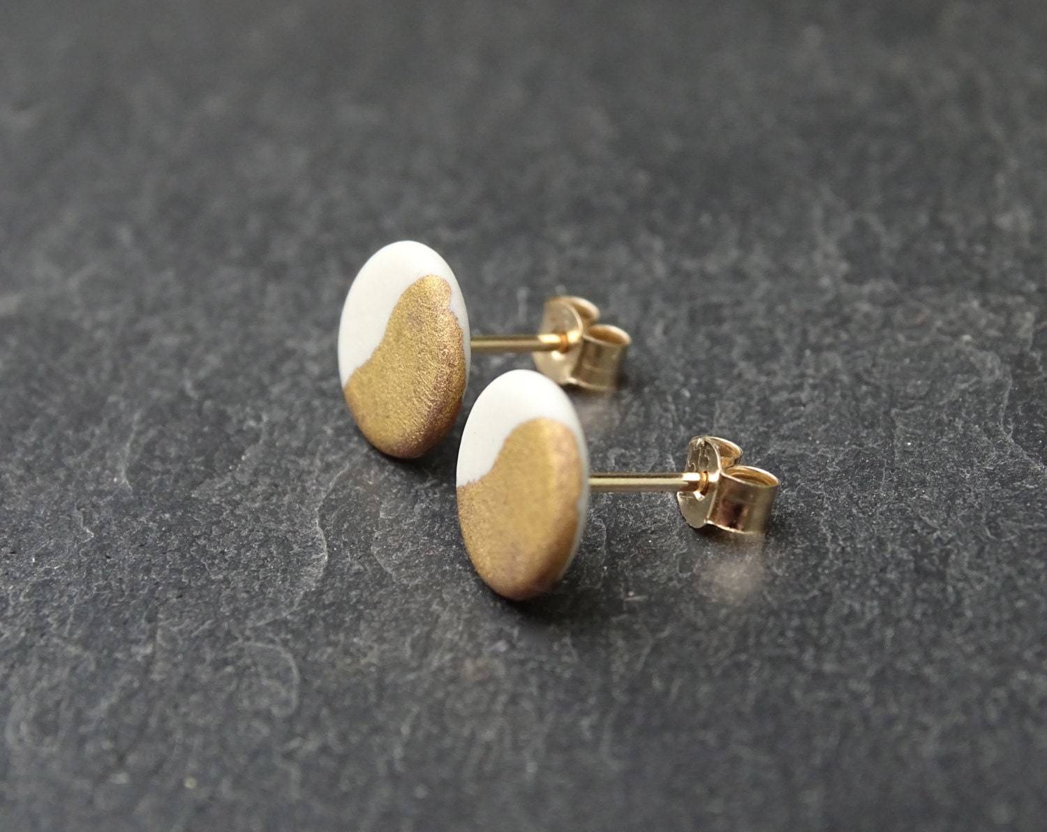 Porcelain & 9ct Gold Round Post Earrings Coffee Bean by DoeandDay