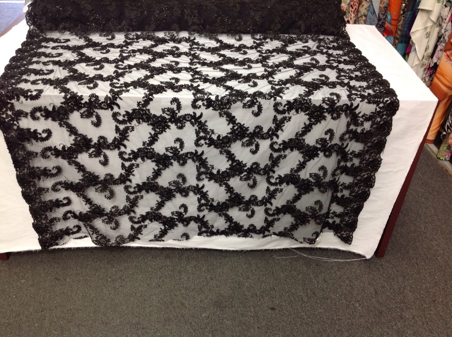 Bridal wedding beaded mesh fabric laces black. Sold by yard.