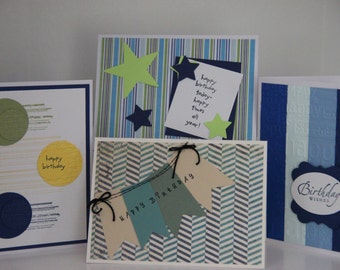 4 Masculine Birthday Cards. Happy Birthday Card Assortment Set for Men. Handmade Birthday Greeting Cards. Teen Boys Birthday Cards