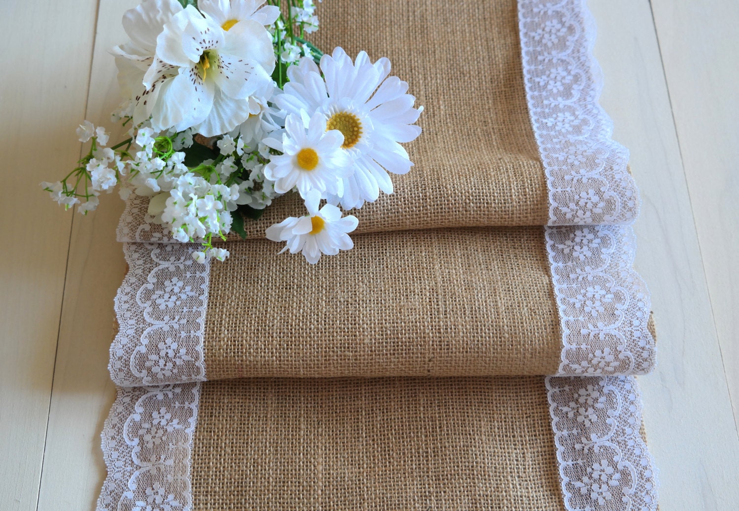 13 Burlap Table Runner with Lace Rustic Wedding Runner