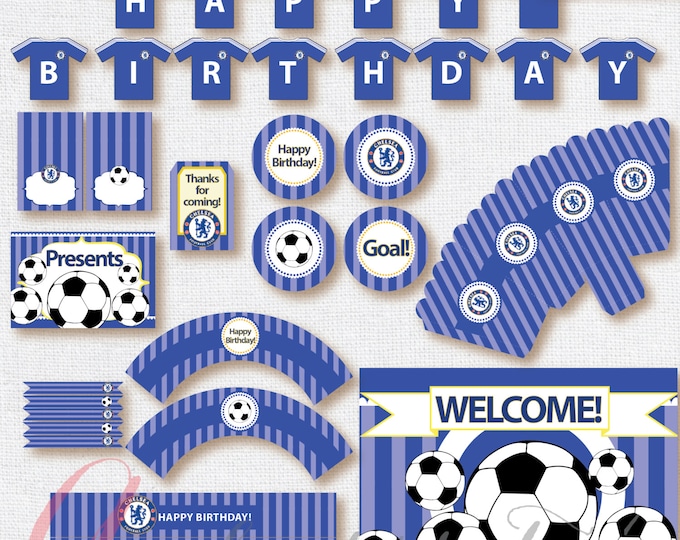Soccer Party Package. Instant download. Printable. Matching Custom invitation available. Chelsea FC inspired printables.