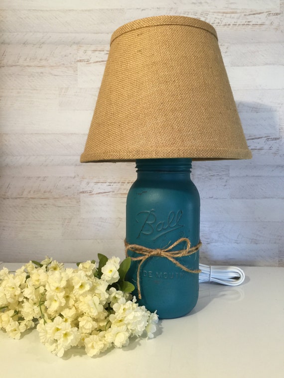 Mason Jar Lamp distressed in Teal with Burlap Shade