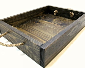 Dark Stained Rustic Wooden Tray with Rope Handles, Handcrafted Serving or Decorative Centerpiece Tray, Wooden Ottoman Tray, Breakfast Tray