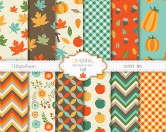 Fall Digital Paper Set- 12 autumn digital papers with acorns, maple leafs, pumpkins, apples, autumn flowers. Great for Thanksgiving party