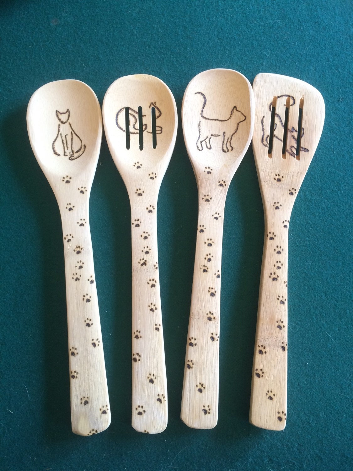 Wooden spoon set wood burned with cats