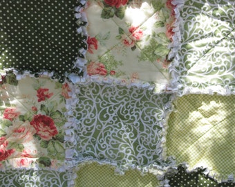 Rag Quilt, Shabby Chic Roses, Lap Quilt, Handmade in the USA, Approx 56 X 56, Ready to Ship
