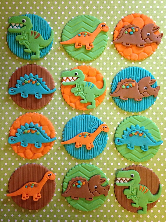 12 Dinosaur Cupcake Toppers Edible Fondant Birthday