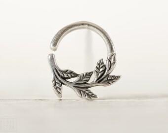 Leaves Septum Ring Nose Ring Body Jewelry Sterling Silver Bohemian Fashion Indian Style 14g 16g - SE036R T1