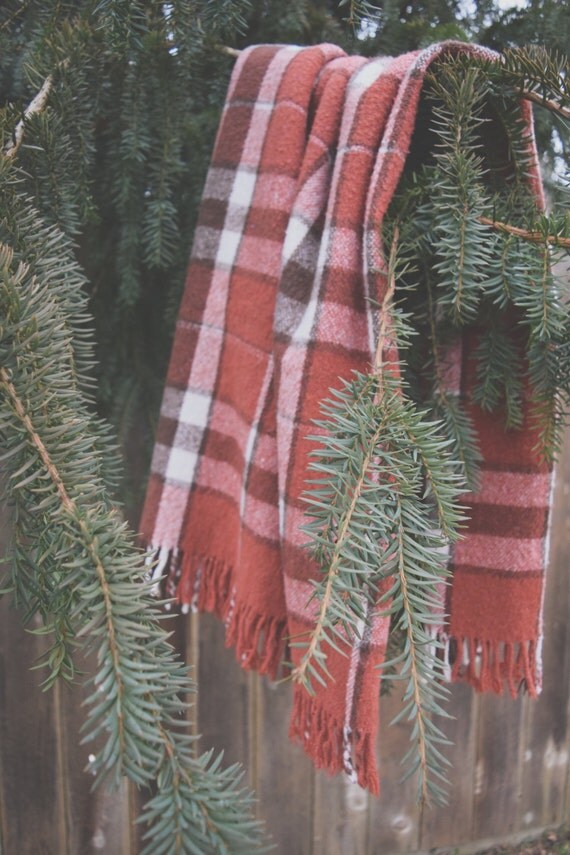 Vintage Rust Coloured Plaid Throw Blanket