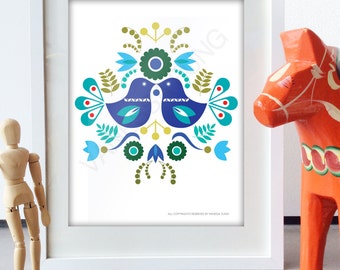 Scandinavian Folk Art Spring Blue love bird flower art print retro Scandinavian Style Design bird poster Floral Art