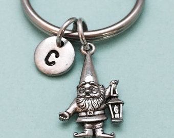 Gnome keychain, gnome charm, garden gnome keychain, personalized keychain, initial keychain, initial charm, monogram