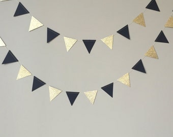 50th Birthday Party Decoration, Mini Black and Gold Glitter Triangle Garland,Wedding,Birthday,Graduation,Paper Garland, Black and Gold Decor