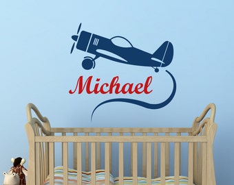 Airplane Wall Decal- Personalized Boy Name Decal Sticker Biplane Nursery Wall Decals Kids Baby Boys Room Bedroom Wall Art Home Decor M059