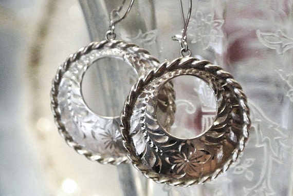 Vintage Sterling Earrings Fritch Bros Brothers 1950s 50s Mid Century Designer Silver Etched Hand Engraved Twist Rope Boarder Flower Floral