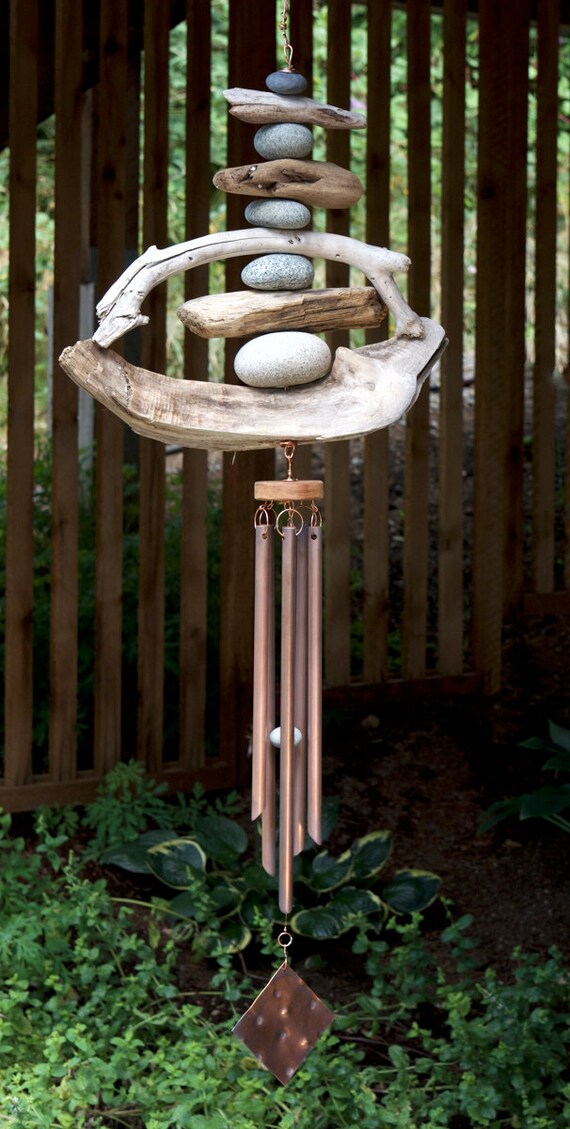 Natural Pacific Driftwood and Beach Stone Wind Chime with