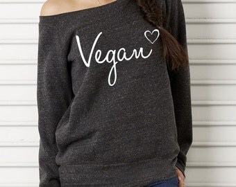 Vegan Heart Bella Wide neck Sweatshirt Off the shoulder slouchy long sleeve shirt screenprint