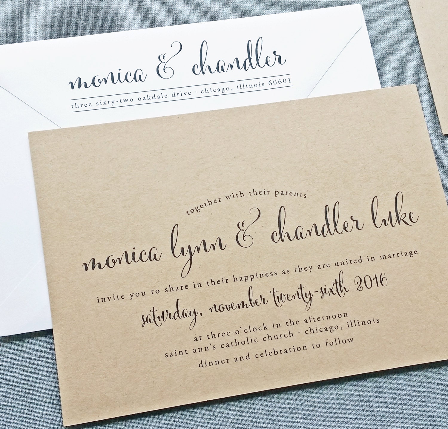Monica Calligraphy Script Recycled Kraft Wedding Invitation