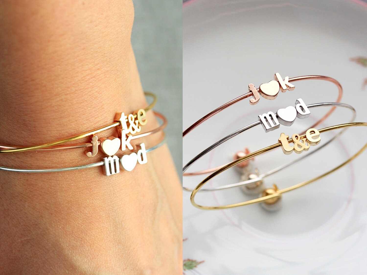 Letter & Ampersand Bangle Bracelet Lowercase Initial Custom