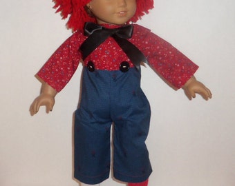 18 inch Doll Costume, Raggedy Andy, Boy Doll, Accessories, Red Wig, American Made, Girl Doll Clothes