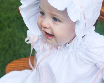 Baby Bonnet Juvie Moon Designs Ivory or White Baby Bonnet Decorative Stitching, Lace and Satin Ribbon