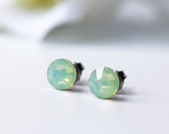 Mint Opalescent Swarovski Crystal Titanium Earrings Chrysolite Opal Dainty Everyday Studs