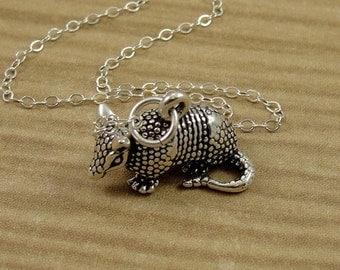 Armadillo Necklace, Sterling Silver Texas Armadillo Charm on a Silver Cable Chain