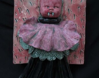 Ceramic Wall Hanging * Ceramic Vampire Baby * Ceramic Tile * Ceramic Vampire Figure * Red Vampire Fly Baby with Red and Black Dress