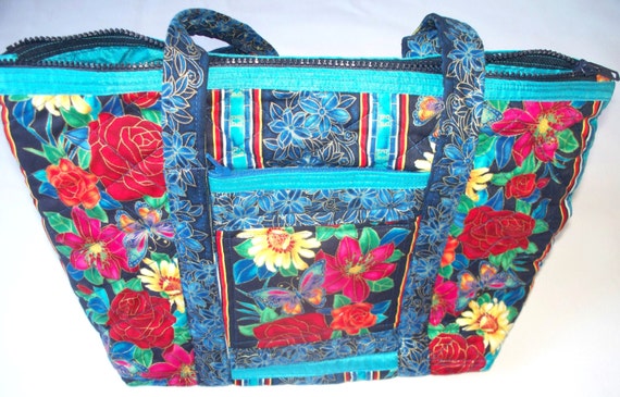 Butterflies and Gold Rimmed Flowers and Leaves Quilted Purse,Colorful Handbag Quilted Inside/Out,Twelve Multiple Pockets,Key Clip,RTS,OOAK